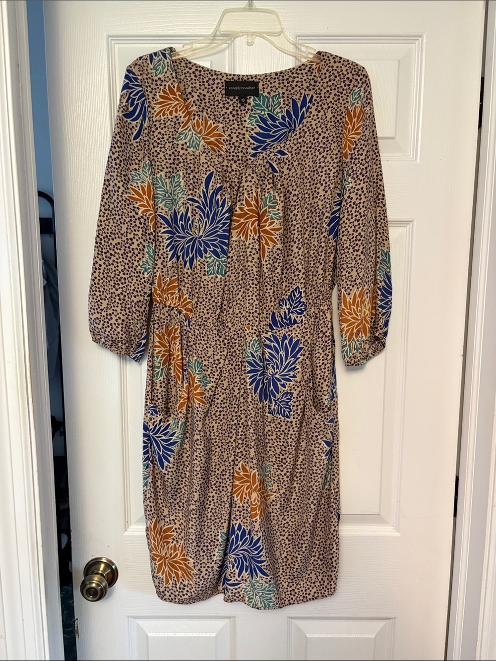 Corey Lynn Calter Silk Tan Floral Print Midi Dress